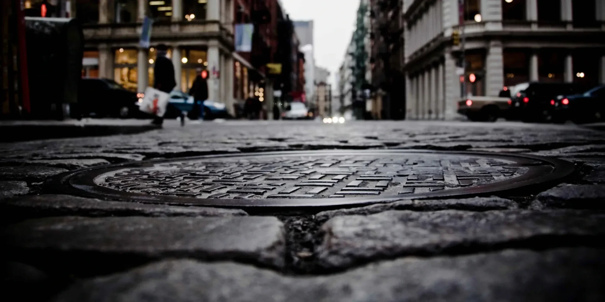 Low-angle urban manhole cover representing sewer flow monitoring and wastewater infrastructure field work