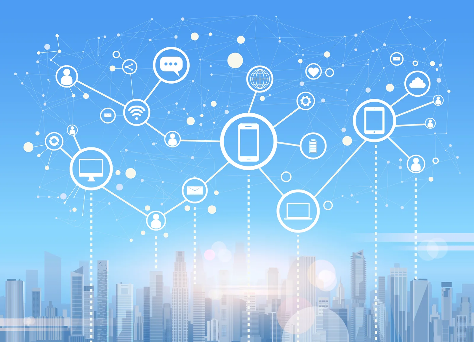 Smart city IoT network graphic for connected sewer monitoring and CMOM support