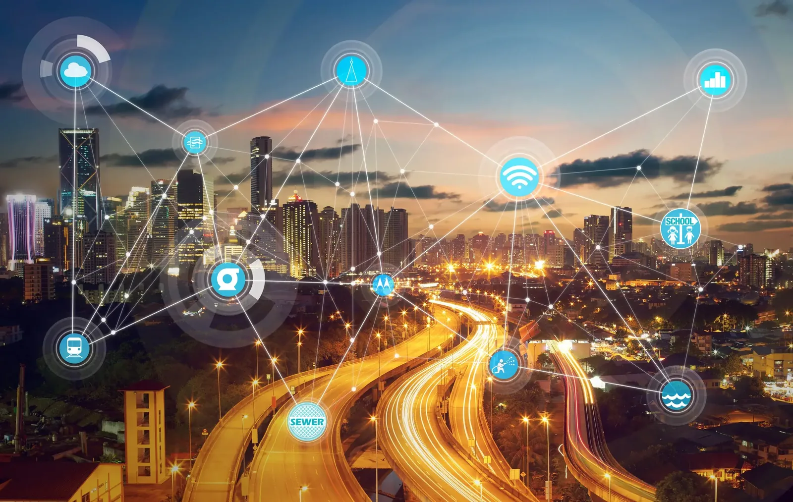 Smart city utility network graphic representing sewer monitoring services in Puerto Rico